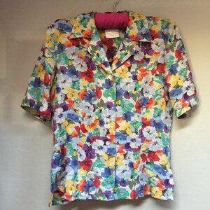 Geiger Collections Size 38 Multicolor Floral Button-Up Short Sleeve Shirt Silk